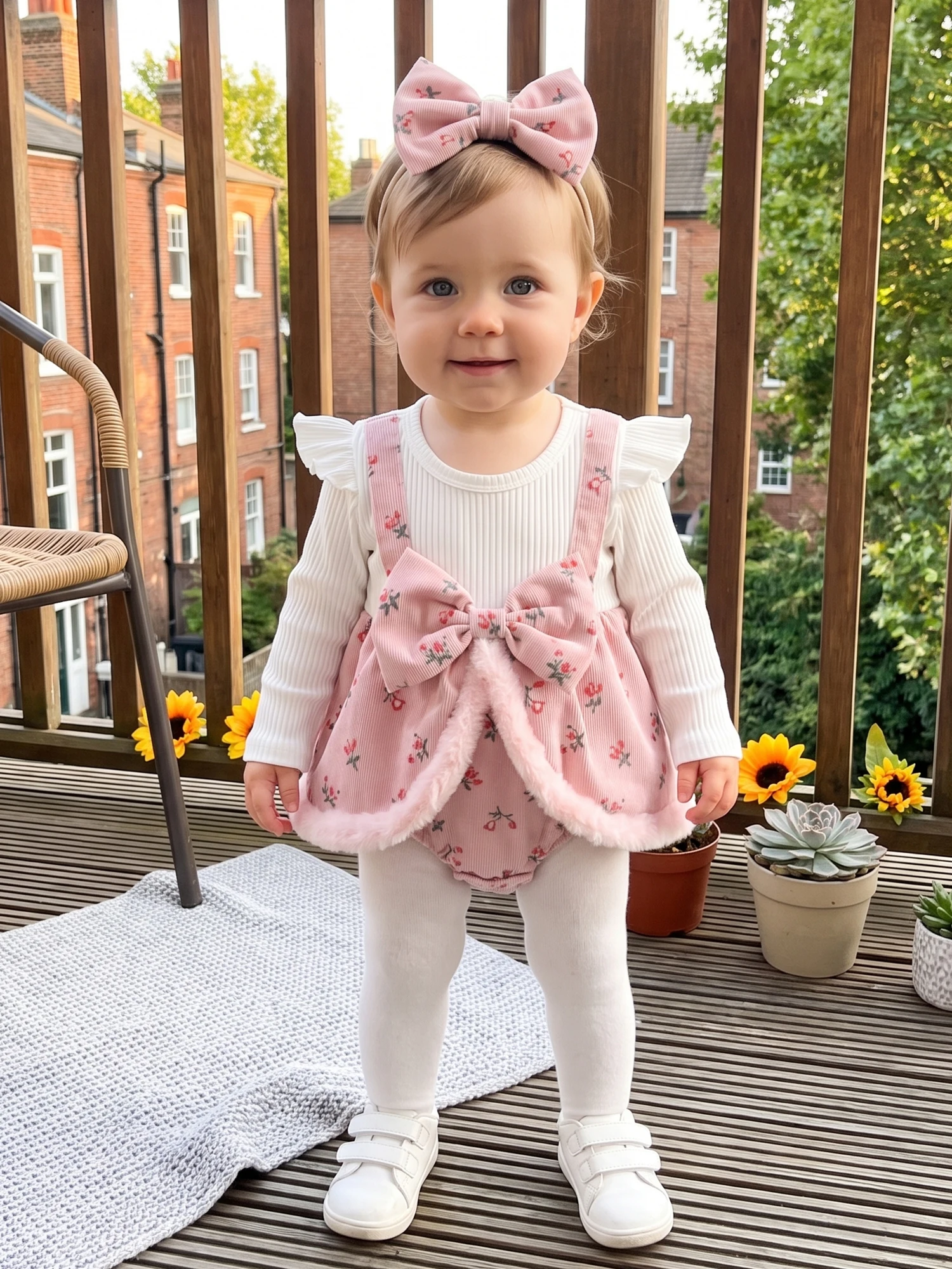 Fall Bodysuits With Girl Romper Floral Print Crew Bodysuits With Headband Baby-Girl-Romper Dress Floral Print