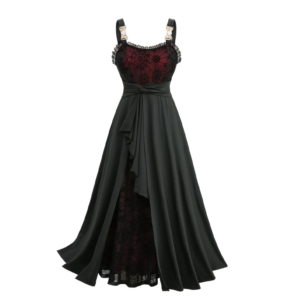 

ROSEGAL Plus Size Women Dress Halloween Costume Romantic Goth Vampire Spider Web Layered Flowy Lace Trim Asymmetrical Tank Dress