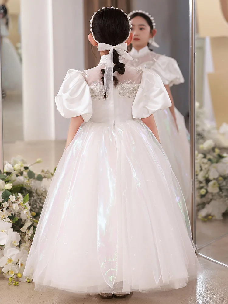 Birthday Party Flower Girls Dress Wedding Evening Palace retro white Children Princess Pageant Long Gown Kids Dresses for Girls