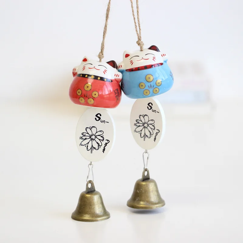 

Japanese- Ceramic Lucky Cat Wind Chimes Pastoral Style Home Decoration Cute Car Hanging