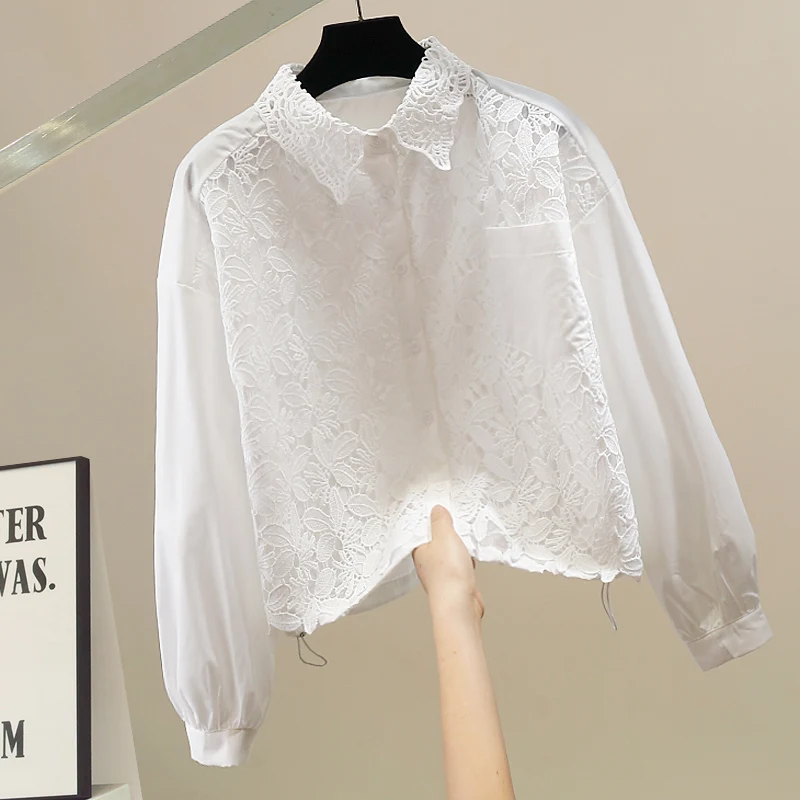 

Korean Sle Heavy Embellied Lace Patchwork Loose Long Sve irt Faionable Versatile Breathable Comfortable Women's Top