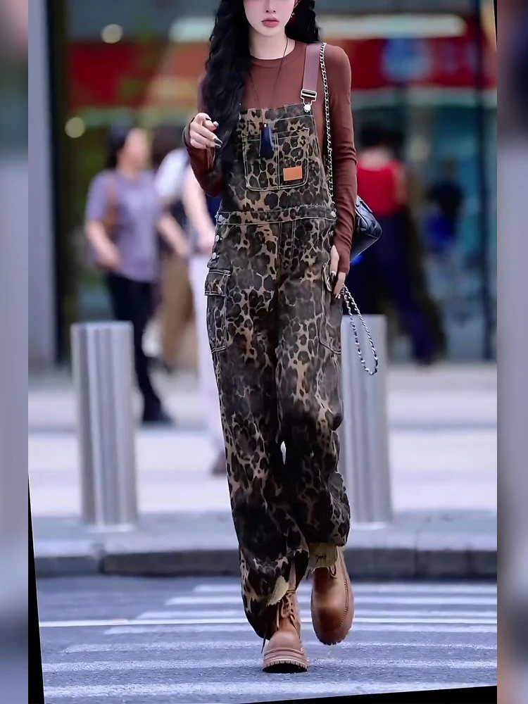 

Faionable Khaki Leopard Print Bib Overalls for Women High Waist Wide Leg Pants Commute Sle Simple Design Polyester Fiber