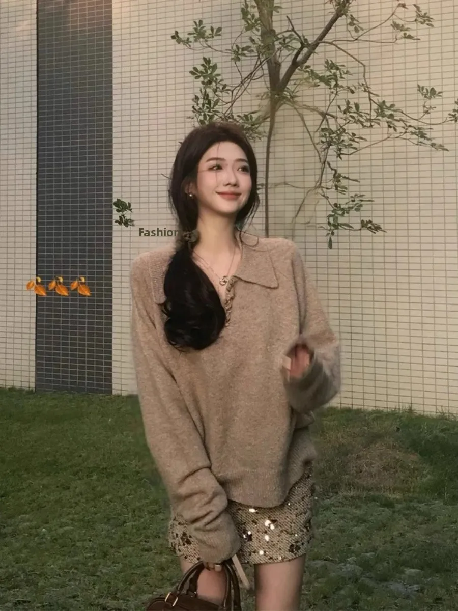 

Thickened Heavy Work Camel Wool Sweater Women's V-neck Knitted Top Lazy Style Autumn Winter New Arrival Chinese Brand Lion Fl...