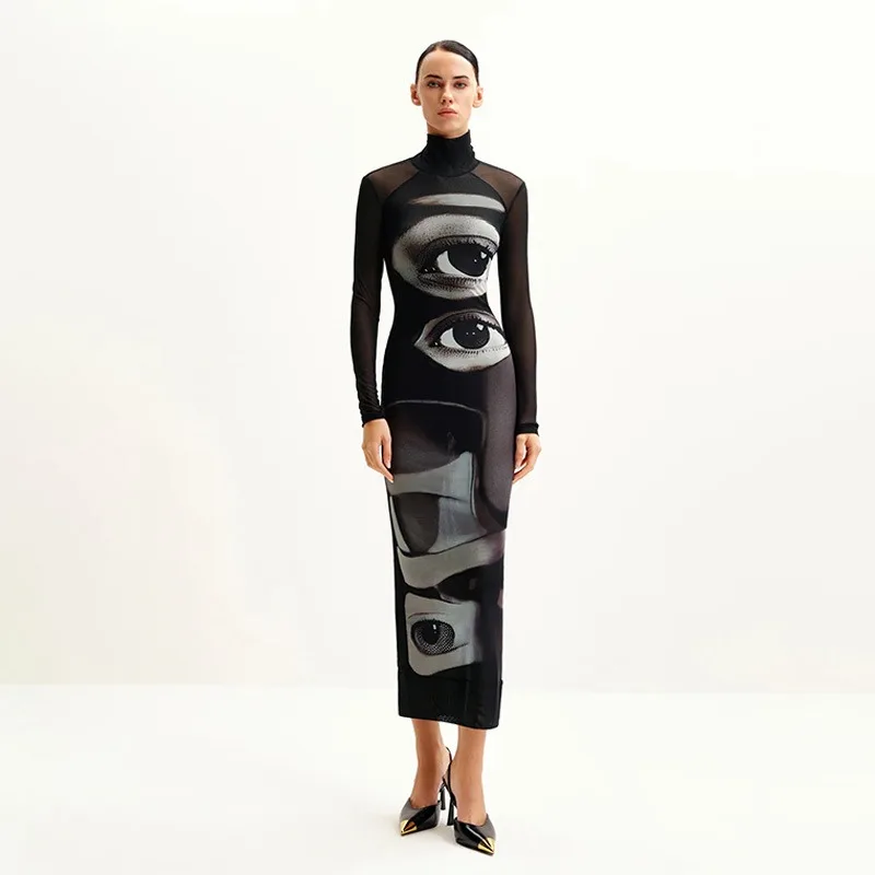 

2025 Autumn Mesh 3D Print Sheer Slim Elegant Maxi Dress Women Turtleneck Full Sleeve Hipster Casual Streetwear Graphic Vestidos