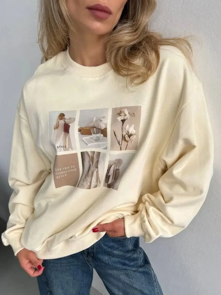 Sweat-shirt rétro café abricot Y2K pour femmes, Style français, col rond, ample, manches longues, pull, tendance, Streetwear, loisirs, automne