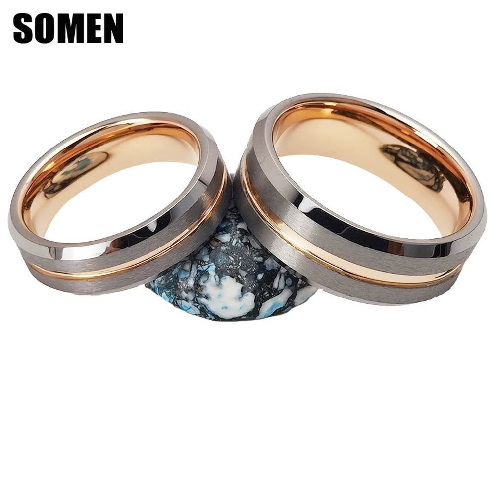 

Somen 6mm Tungsten Rings For Men Women Silver Brushed Rose Gold Groove Beveled Edge Wedding Band Engagement Couple Ring Anillo
