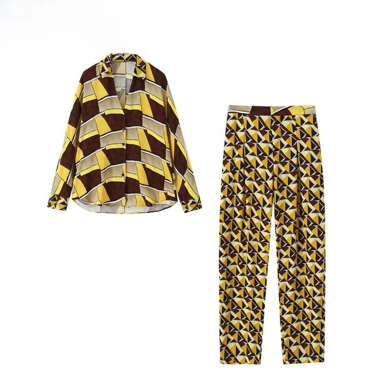 

Spring New Women's Sle Long Sve Printed irt Casual Pants Two-Piece Set Polyester Fiber V-Ne Button-Up Faionable