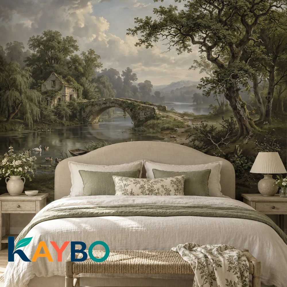 Vintage Landscape Wallpaper Mural Rustic Stone Bridge River Cottage Woodland Scenic Wall Decor for Living Room Non Self Adhesive