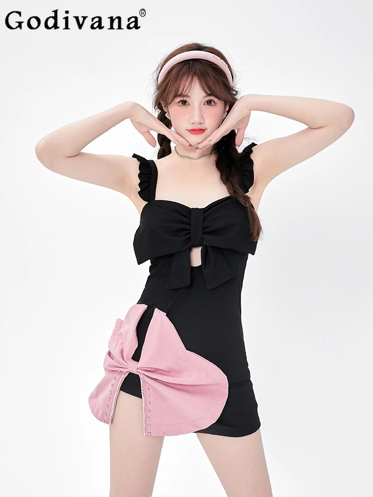 Original New Bow Girly Sweet Cute One-Piece Swimsuit Women Slim-Fit Sexy Black Casual Swimwear Seaside Vacation Y2k Beach Dress