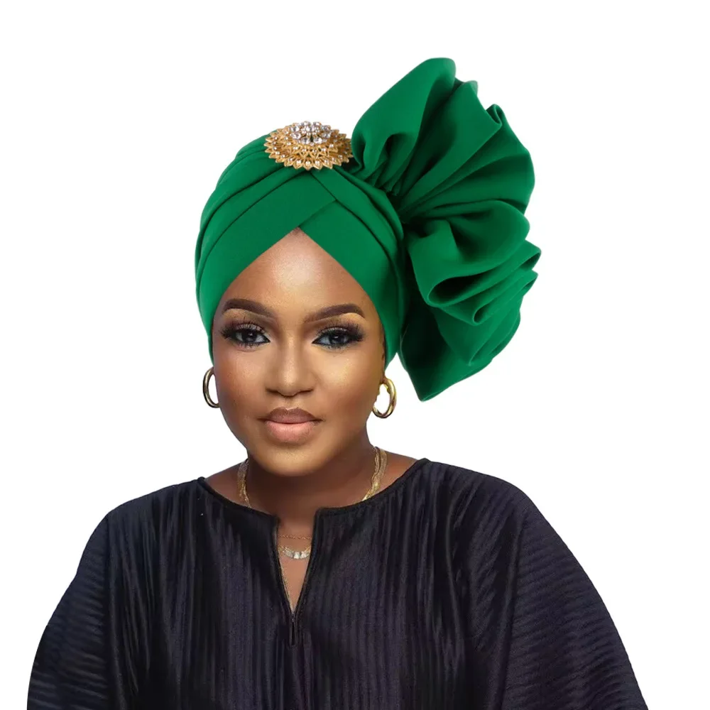 New Nigerian African Wedding Elegant Flower with Brooch Headscarf Hat Bonnet Hijab Turban Cap Head Wrap Auto Gele Headties Scarf
