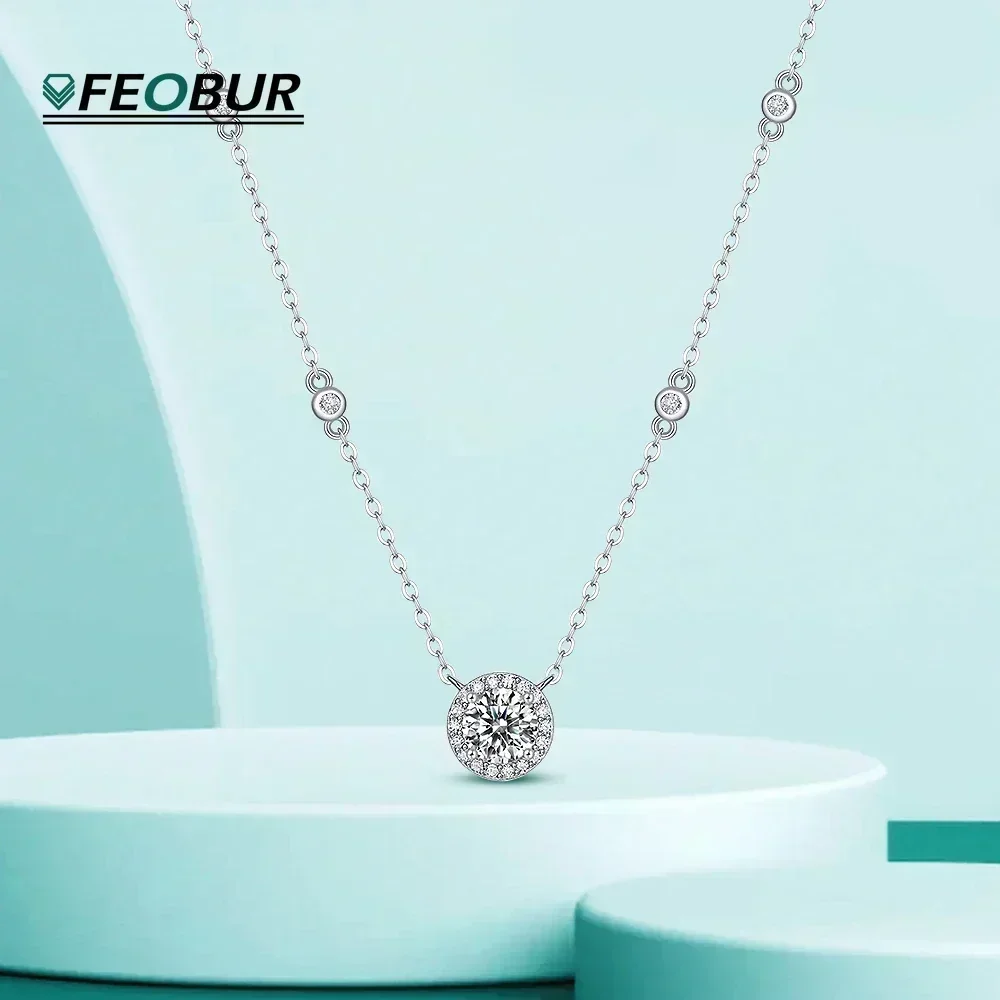 FEOBUR 1CT Certified Moissanite Necklace for Women S925 Sterling Silver Sparkling Lab Diamond Pendant Chain Wedding Jewelry GRA