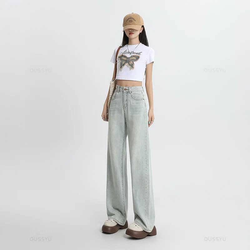 Summer Soft Lyocell Fabric Woman Jeans Thin Loose Wide Leg Straight High Waisted Pant Fashion Embroidery Comfort Casual Trousers