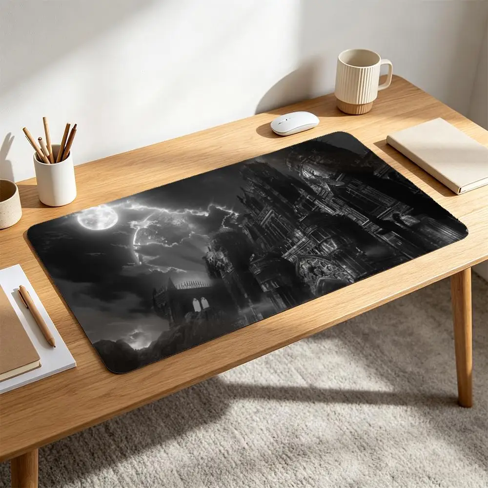 Black White Dark Fantasy Gothic Castle Moon & Lightning Gaming Mouse Pad Large Extended Desk Pad Non-Slip Table Mat for Decor