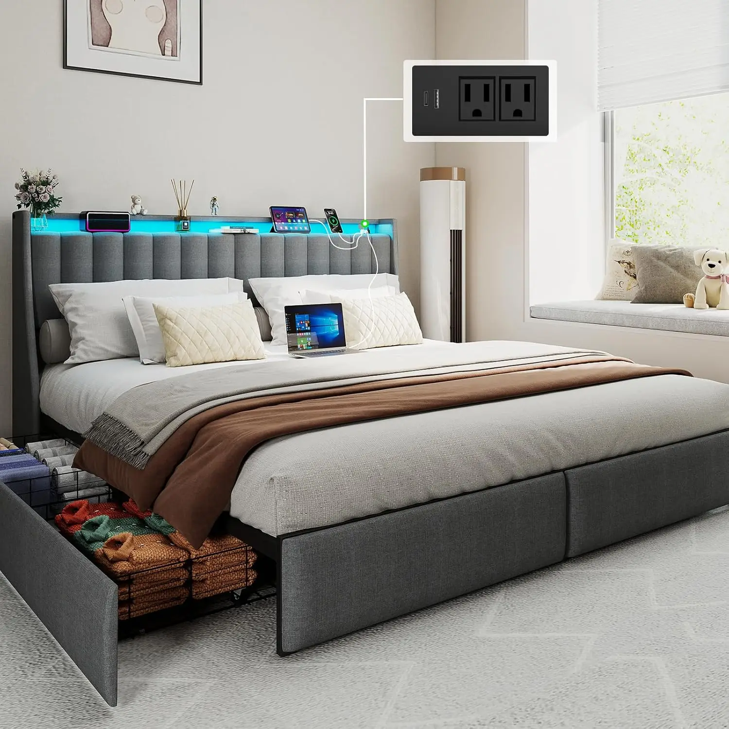 

King Size Bed Frame with 4 Storage Drawers and Headboard, Upholstered King Platform Bed with Charging Station and, Customized