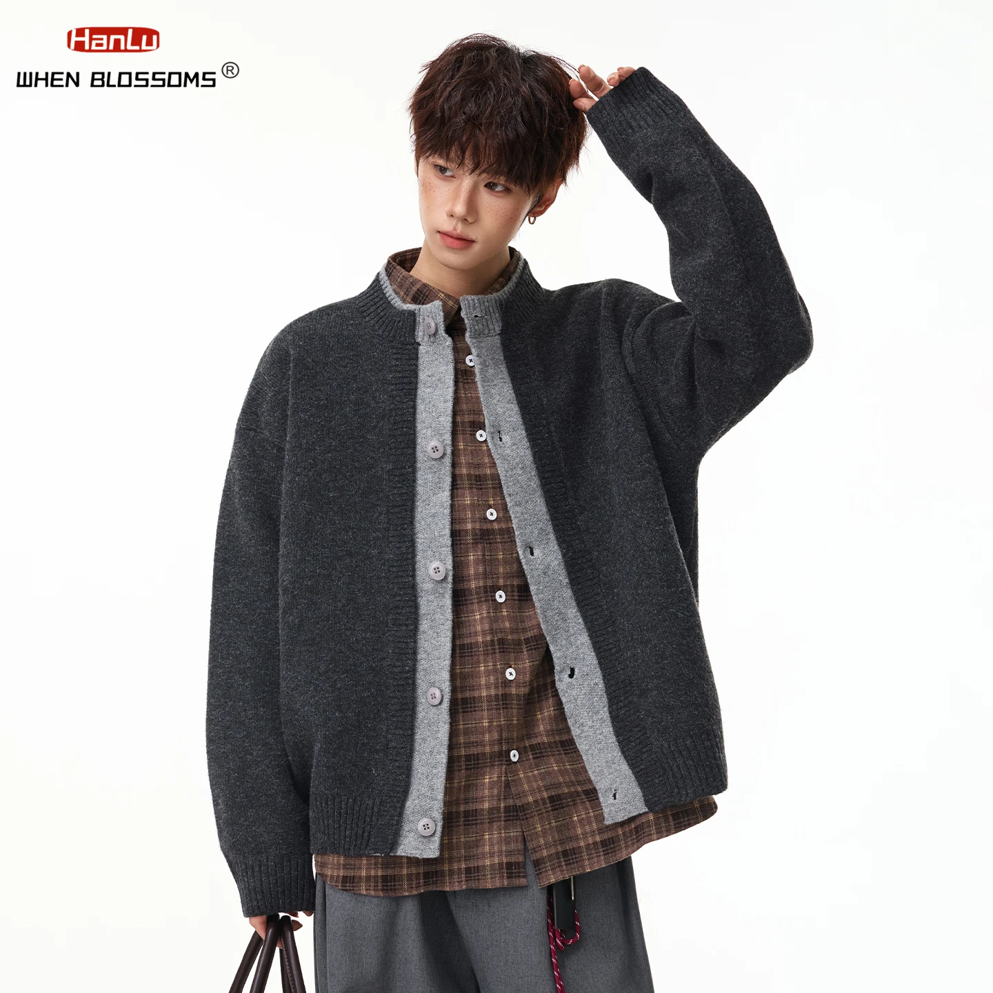 Men's Japanese Vintage Fake Two Piece Cardigan Sweater Round Neck Contrast Trim Loose Casual Knitwear Coat