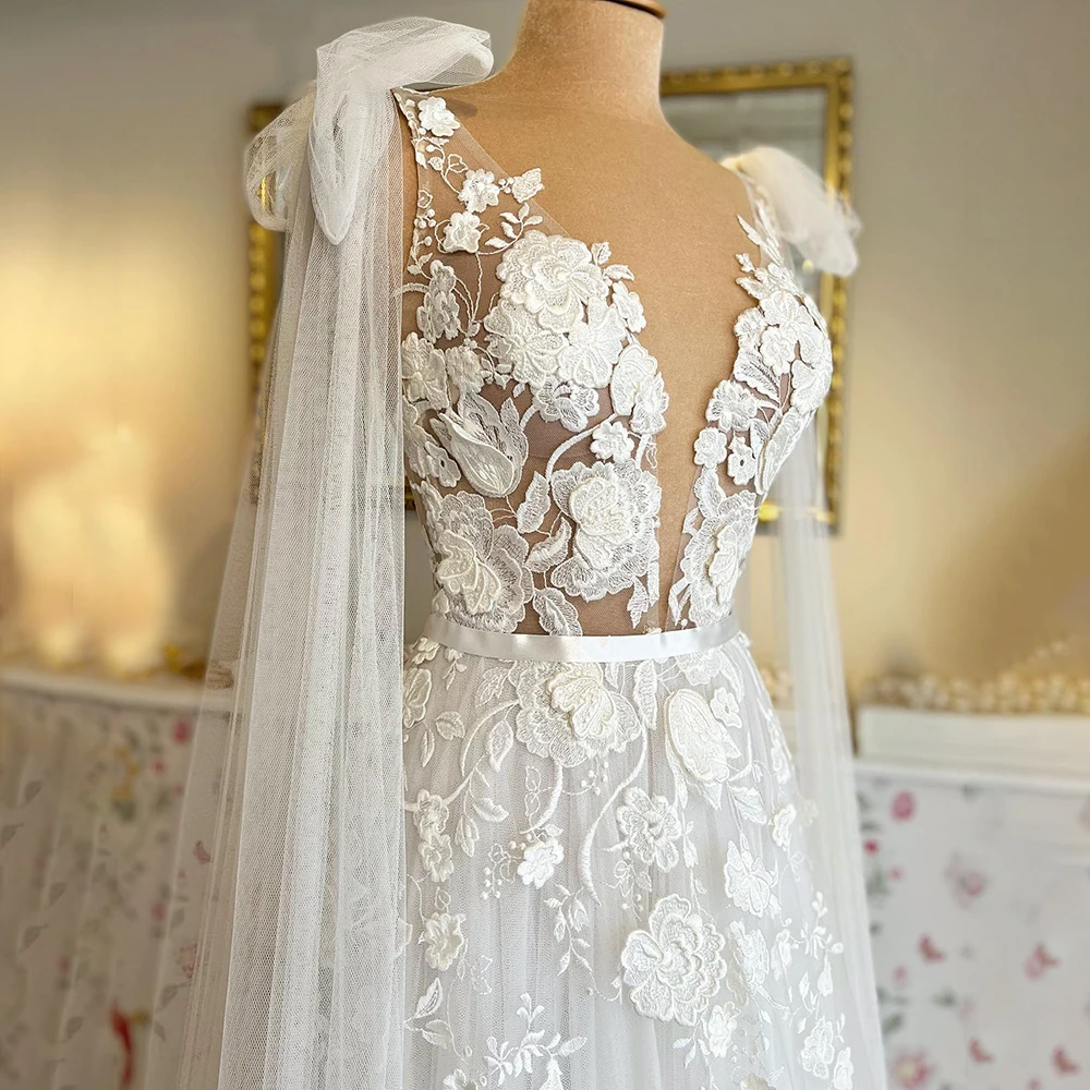 Embroidered A Line V Neck Wedding Dress Backless Customized Removable Shoulder Tulle Wings Floral Appliqued Romantic Bridal Gown