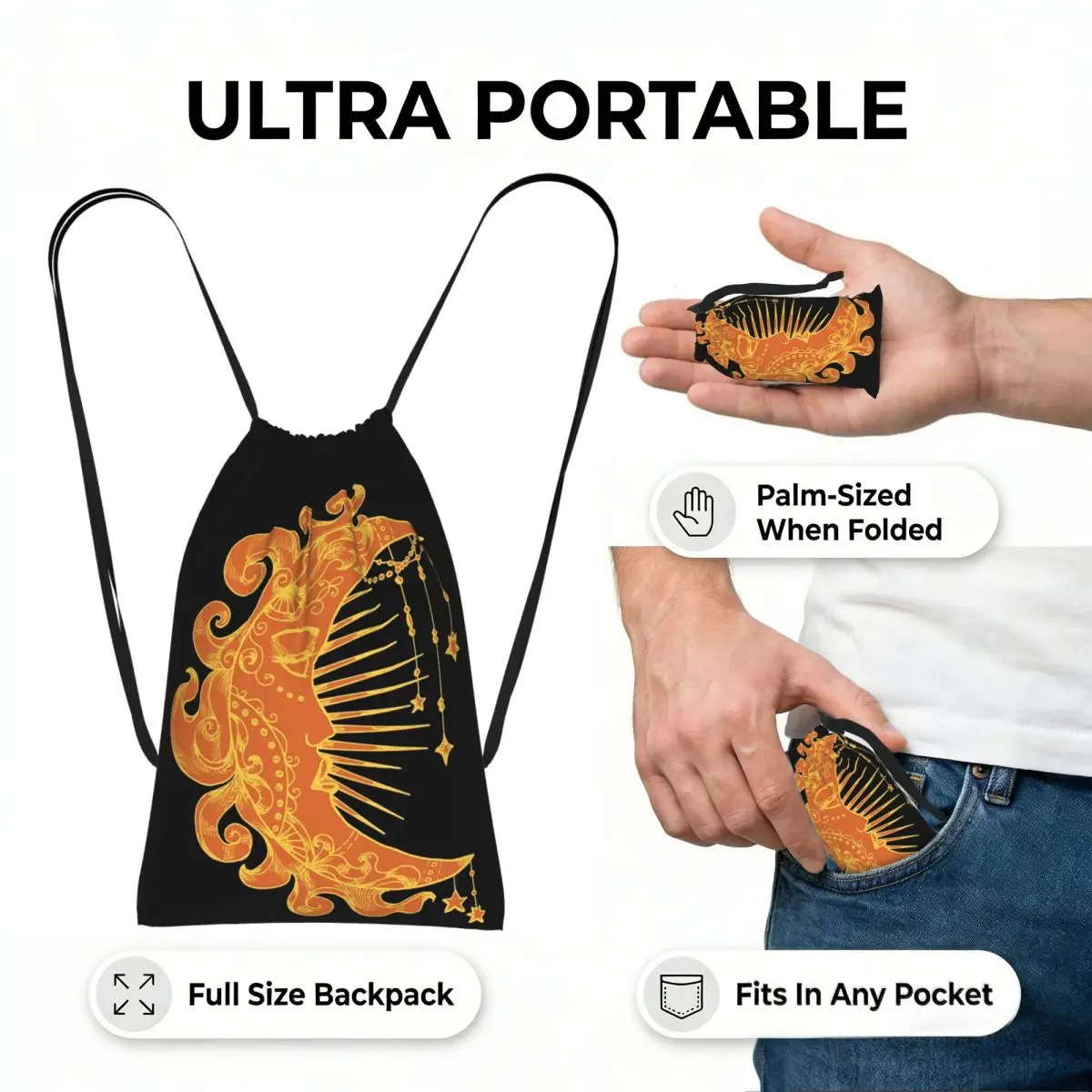 Witchy Mystic Moon Face Stars Sun Drawstring Backpack hiking cycling Bag Portable Travel Drawstring Bag for Men Women
