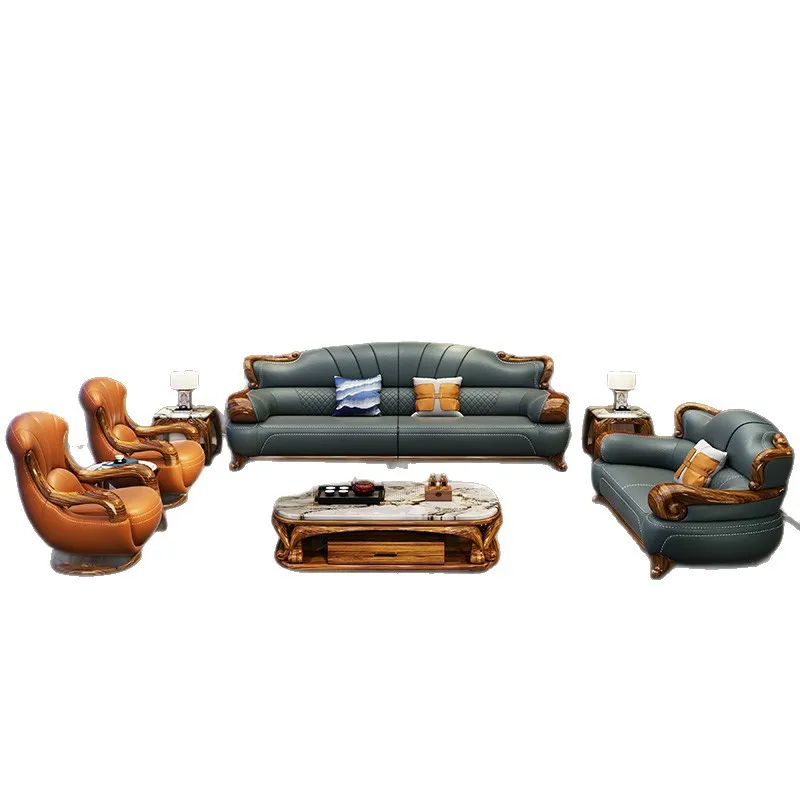 Ebony high-end villa solid wood extra thick leather sofa, new Chinese-style first-layer cowhide living room