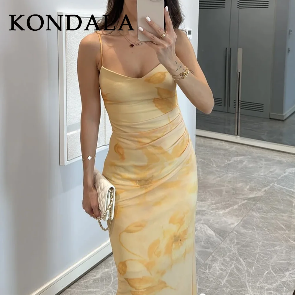 KONDALA 2025 Spring Summer Sexy Mesh Butter Yellow Dress Fashion Streetwear Print Strapless Sleeveless Cami Straight Lady Dress