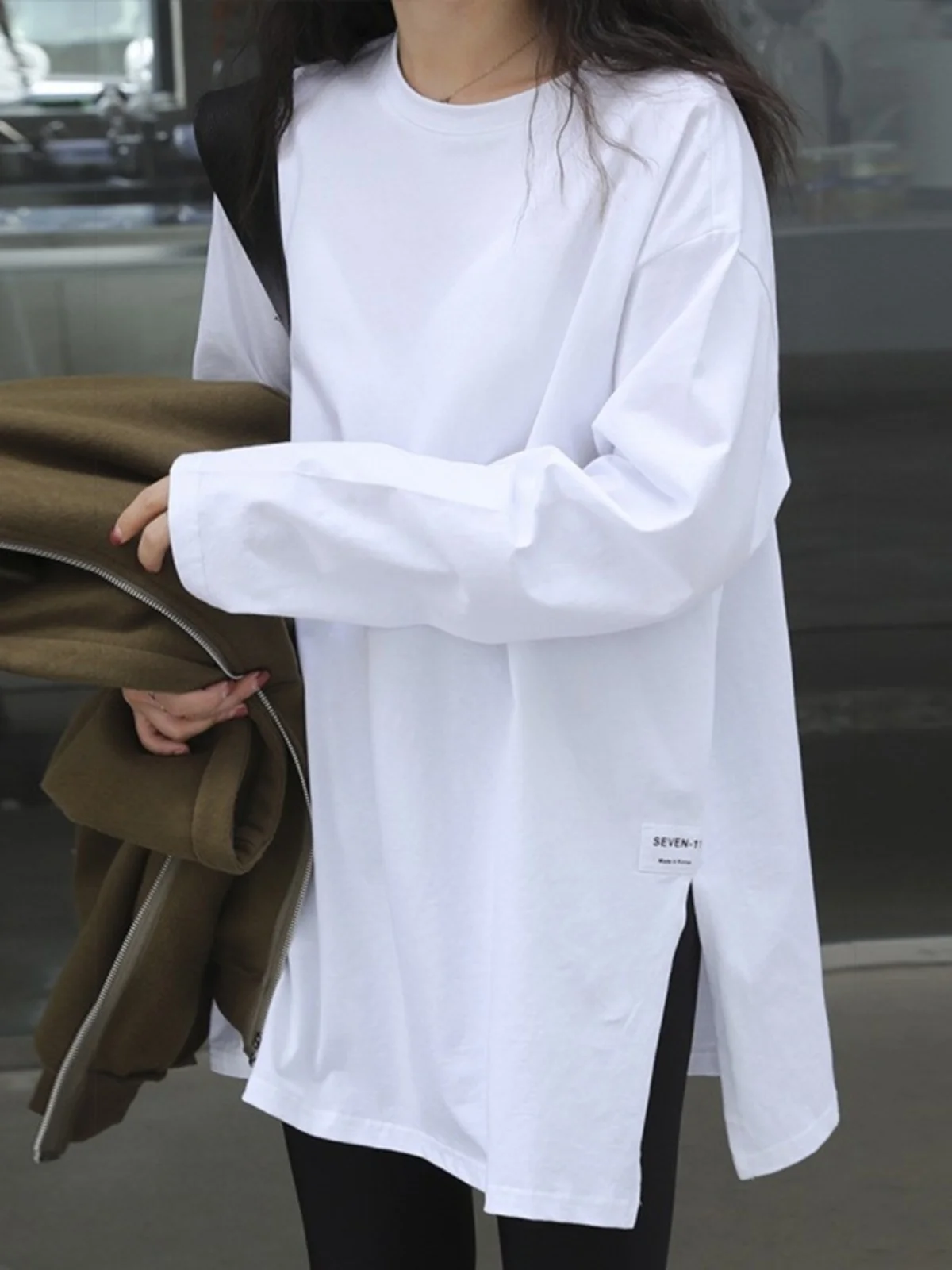 Summer New Style Thin Fashionable Women's T-shirt Autumn Loose Long Sleeve Slit Pure Color Korean Version Spring Casual Top