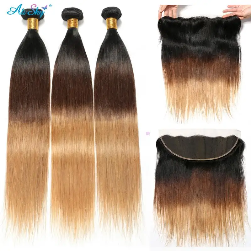 1B/4/27 Ombre Brazilian Straight 100% Human Hair Remy Hair Extensions Colored 3/4 Bundles With Lace Frontal Closure HD Lace