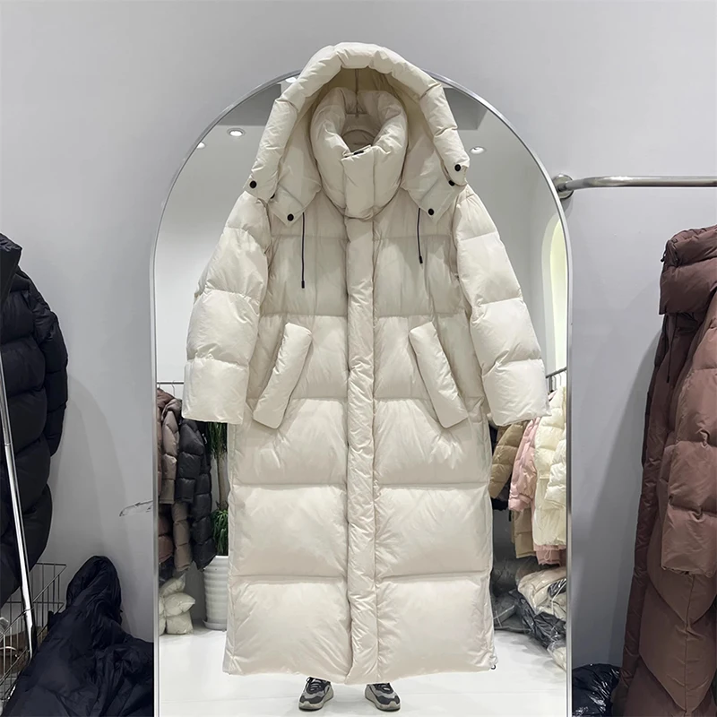 Winter Thick Long Hooded Down Jacket Women White Duck Down Knee Length Down Jackets Female Solid Warm Outdoor Parkas Outwears