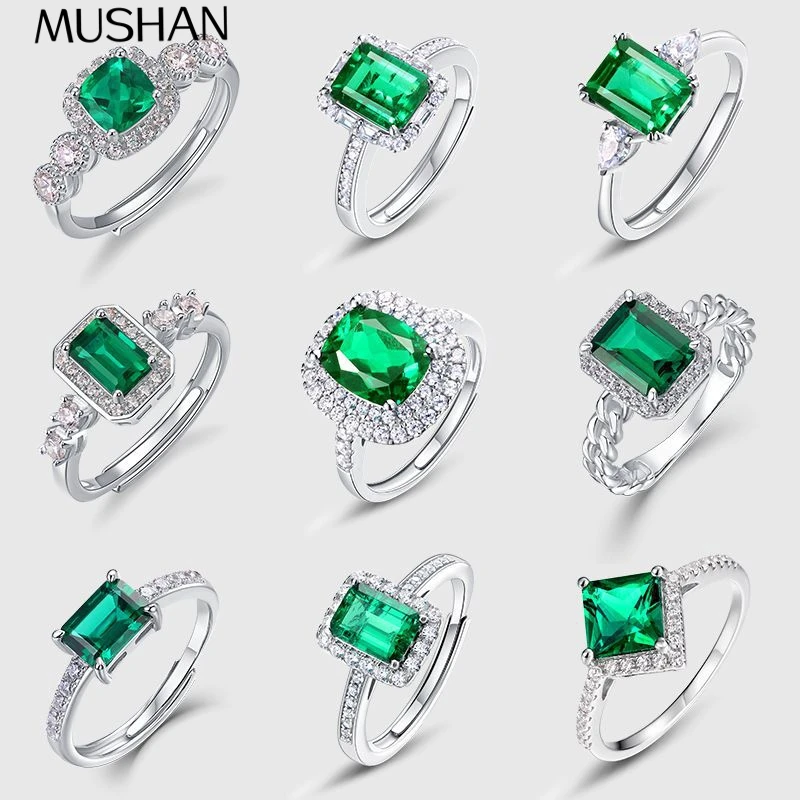 

MUSHAN Luxury Jewelry Cultured Emerald Ring S925 Silver Set With Cultivated Gemstones Finger Ring Customization