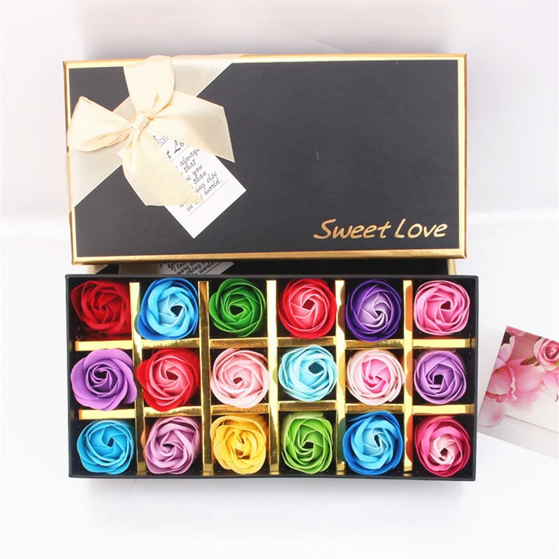 18PCS Romantic Scented Bath Soap Rose Soap Flower Petal with Little Cute Bear Doll Gift Box For Wedding