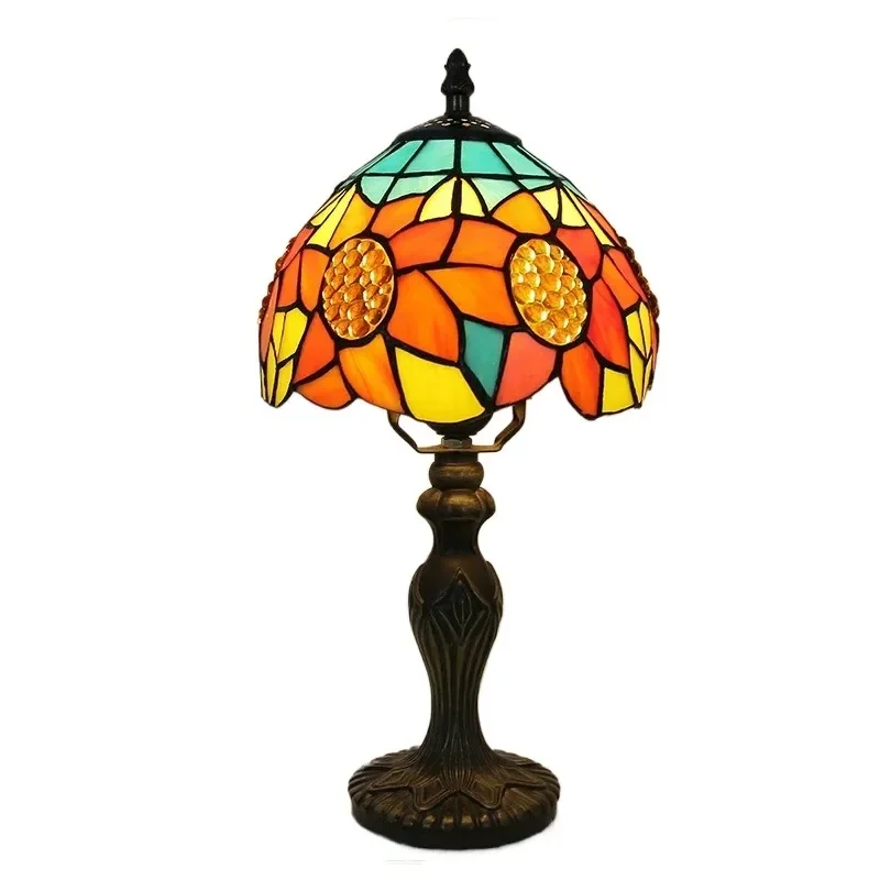 8inch American Retro Classical Night Light Stained Glass Sunflower Lampshade Church Home Bedroom Bedside Tiffany Art Table Lamp