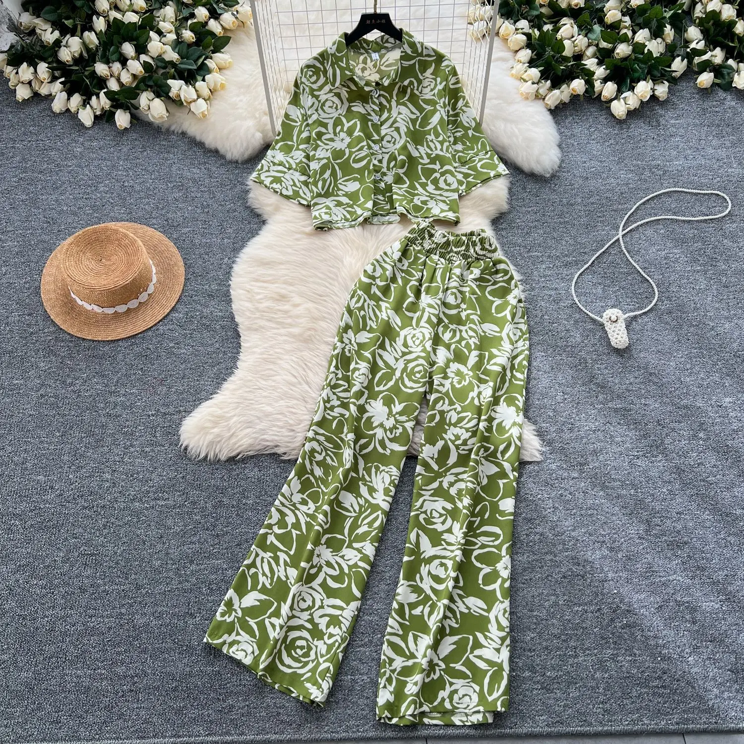 

Pant Set Women Two Piece Sets Turn Down Collar Matching Sets Print Casual Loose Shirt Tops Wide Leg Long Pants Y2k High Waist