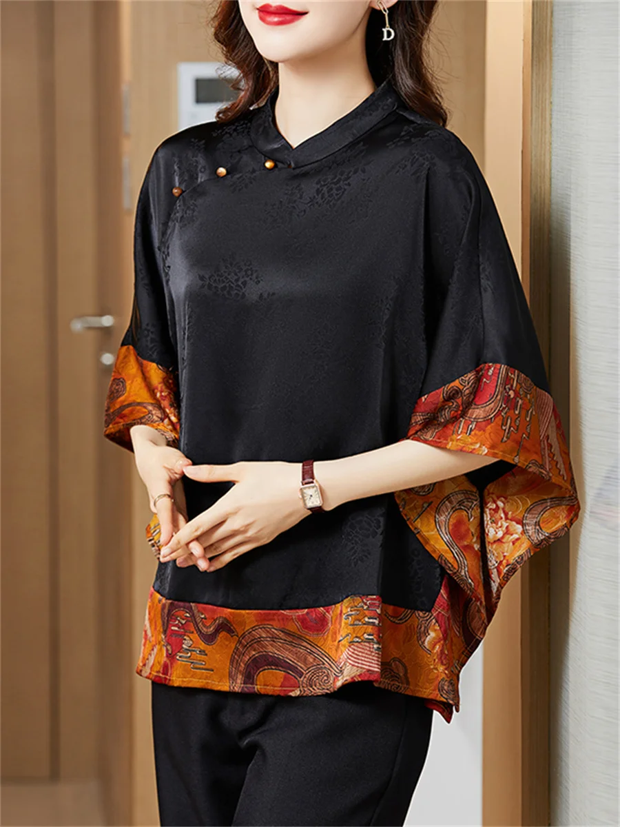 4XL Women Spring Summer Shirts Lady Fashion Casual Half Sleeve O-Neck Collar Silk Retro Printing Blusas Tops CT0598