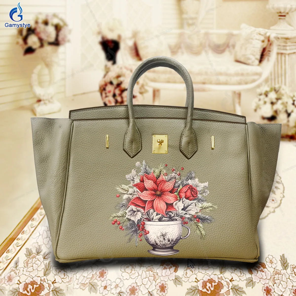 

Personalizar Bolso Art Printed Bags Vintage Art Potted Plant Print 100% Cowhide Leather Women'S Shoulder Bags Purses Shopper Han