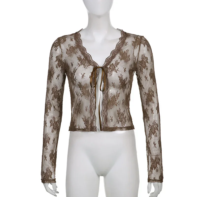 المرأة مثير انظر من خلال تانك الأعلى ، بالأزرار طويلة الأكمام ، الدانتيل شبكة الدانتيل ، خمر الدانتيل يصل ، الإناث تي شيرت ، الشارع الشهير ، Y2K