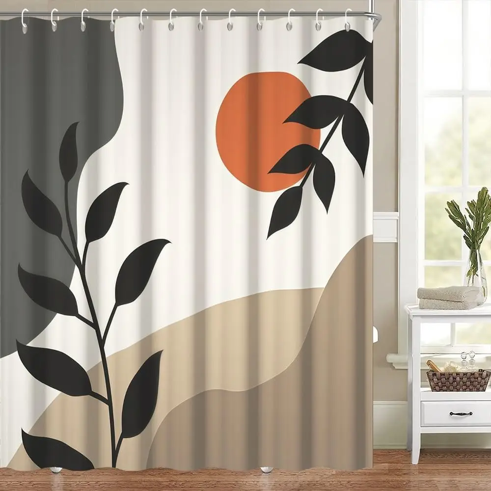 Luxurious Abstract Leaf Print Shower Curtain Modern Boho Bathroom Decor Beige Neutral Tones Waterproof Privacy Curtain Liner