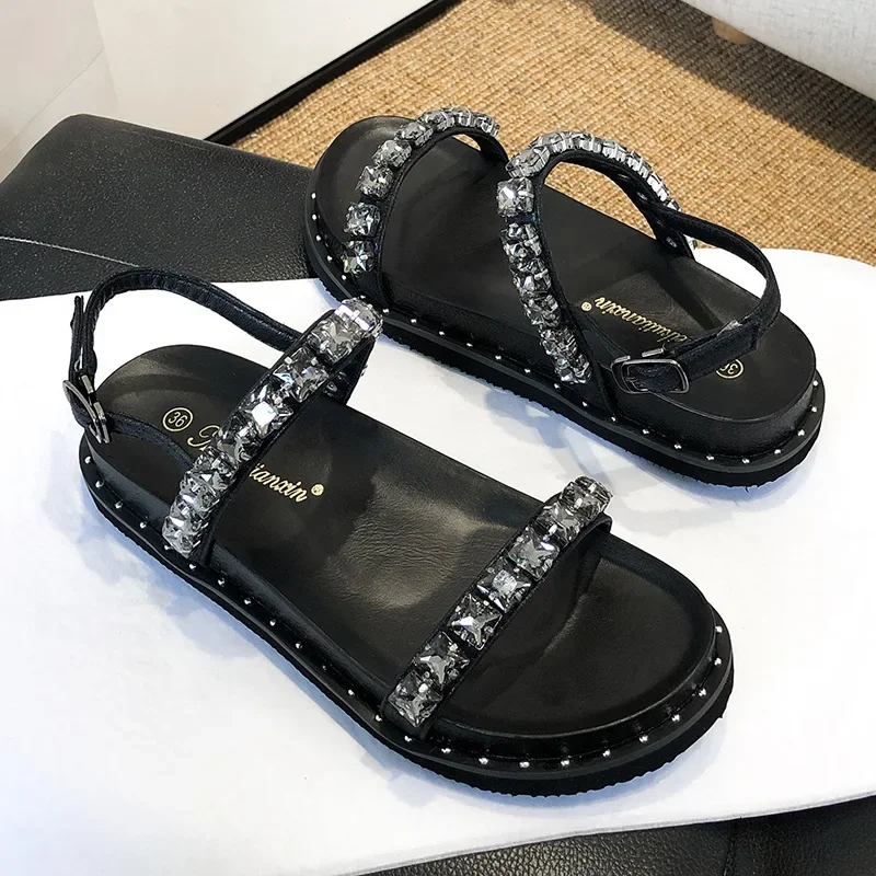 Rhinestone Band Platform Sandals Women Thick Bottom Flat Summer Gladiator Sandalias Mujer Crystal Beads Sandalias Femininas 2024