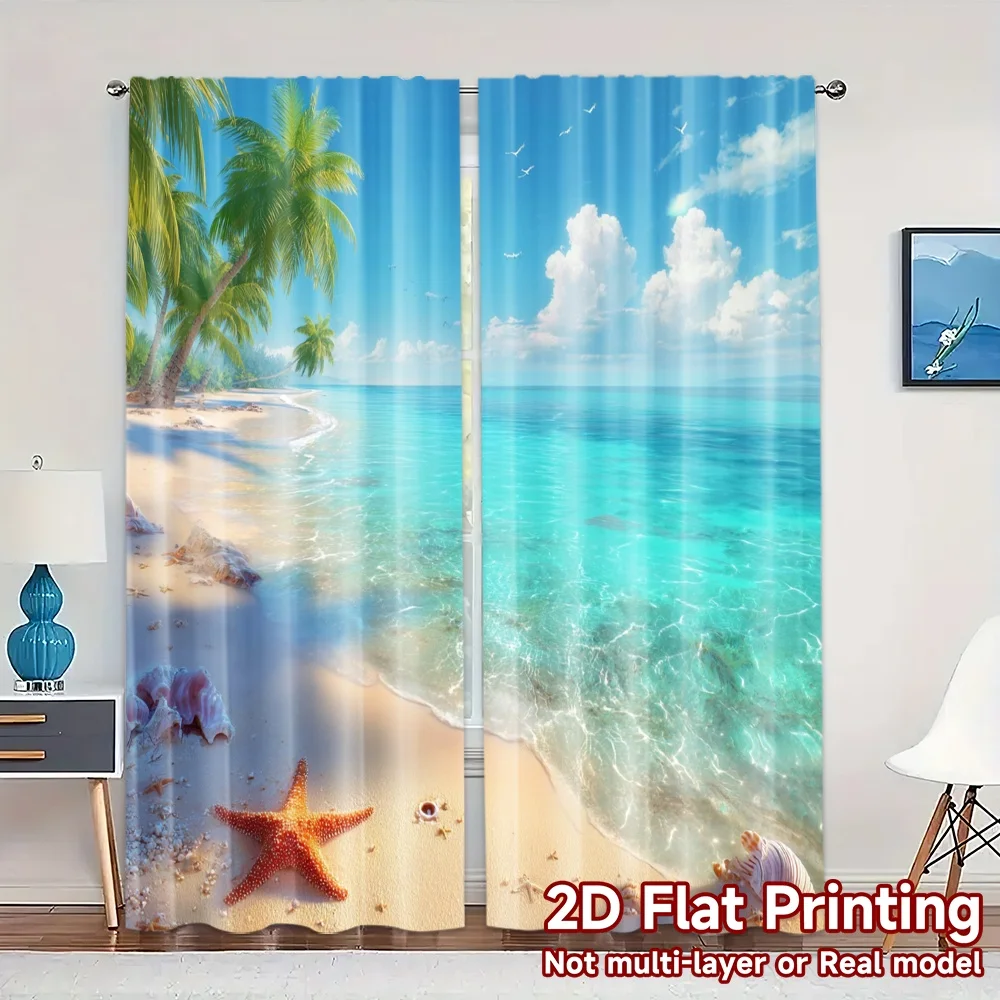 2 Cortinas con Estampado Plano 2D (Sin Varilla), Diseño Seaside Bliss, Cortinas Populares, Cortinas de Tela Versátiles, Decoración de Habitaciones