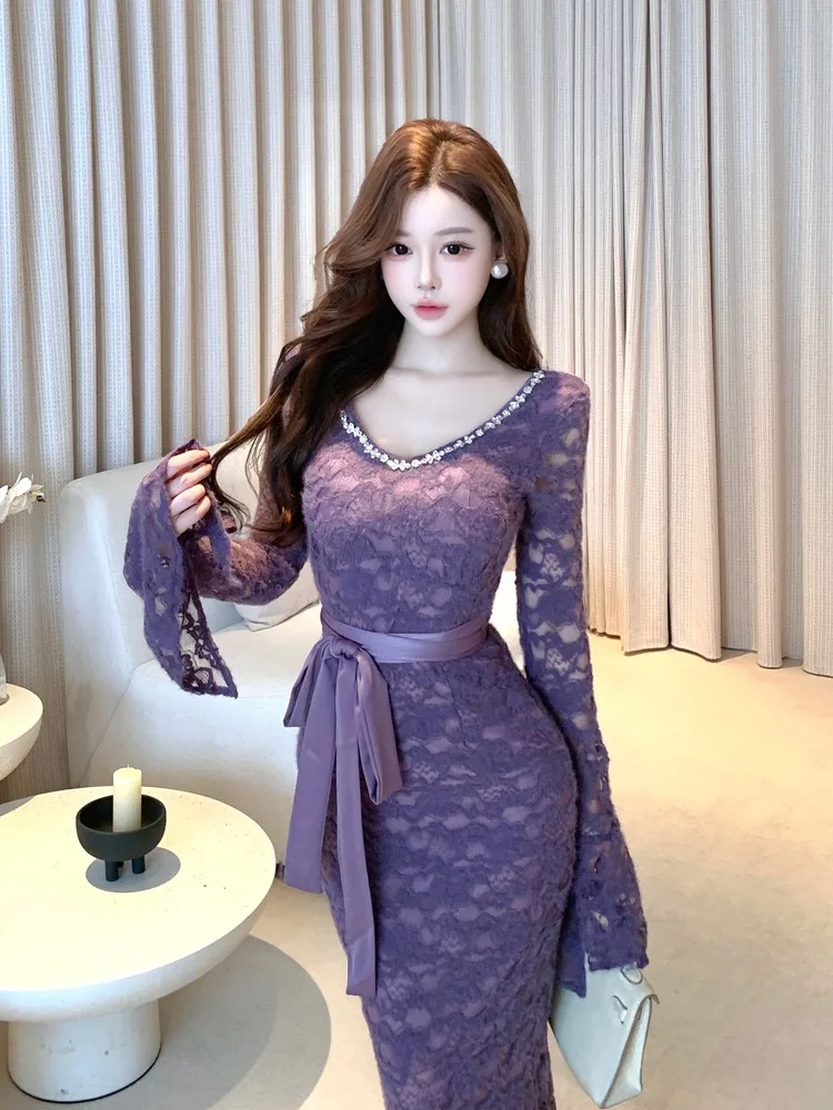 

Ele High Waist Lace Trim Bodycon Dr with Bell Sves And V-Ne Long Sve Autumn Winter Sexy Lady Sle Dr