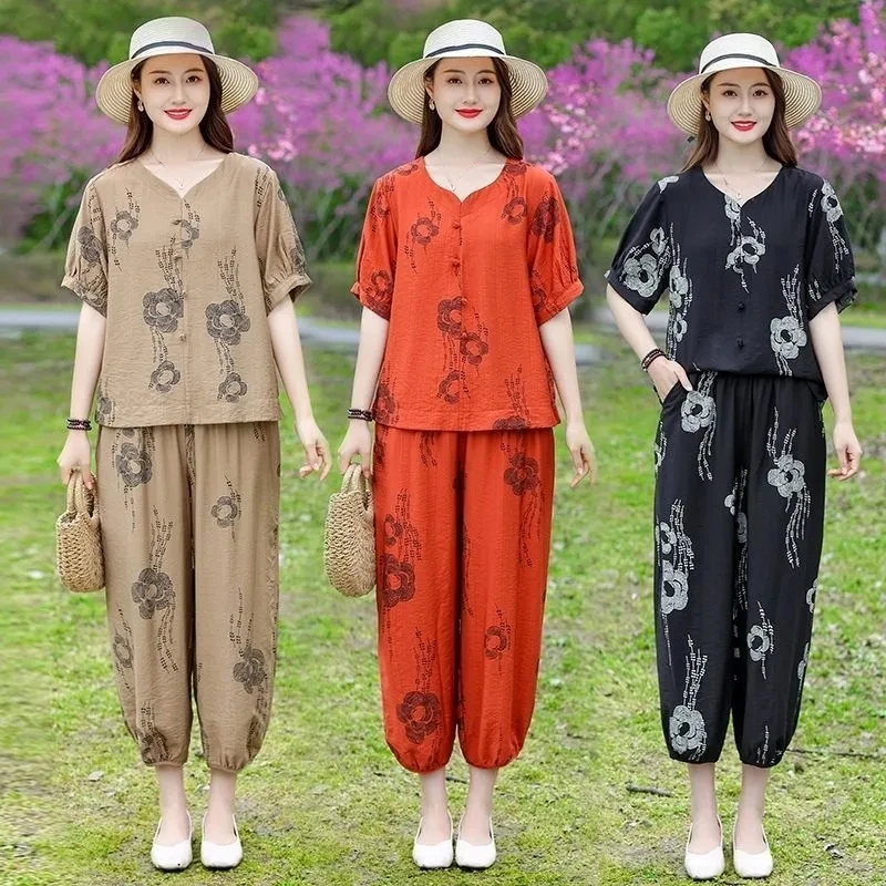 

2024 New Women's Summer V-neck Button Print Style Casual Versatile Short Sleeve Loose Elastic Waist Cotton Hemp Pants Suit