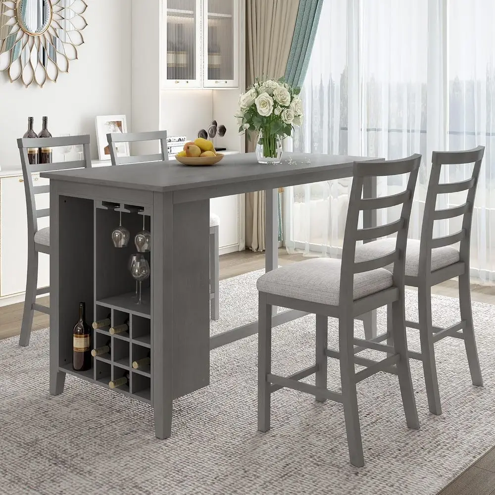 

Grey 5-Piece Dining Set with Bar Wine Compartment and Glass Holders for Kitchen and Dining Area