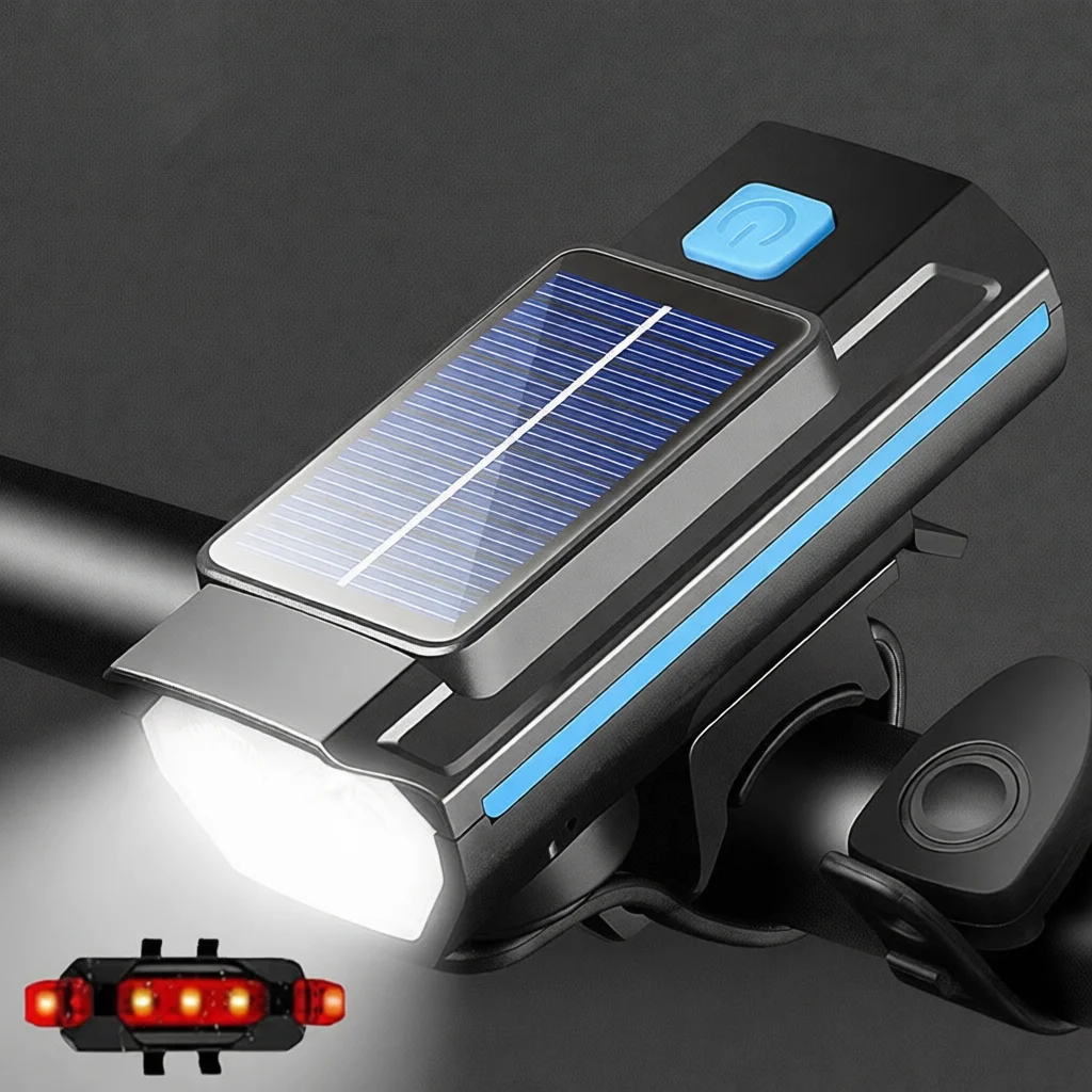 High Power Solar Bike Lamp Far Near Beam Switching Cycling Lighting Professional Mountain Bicycle Horn Alarm Light