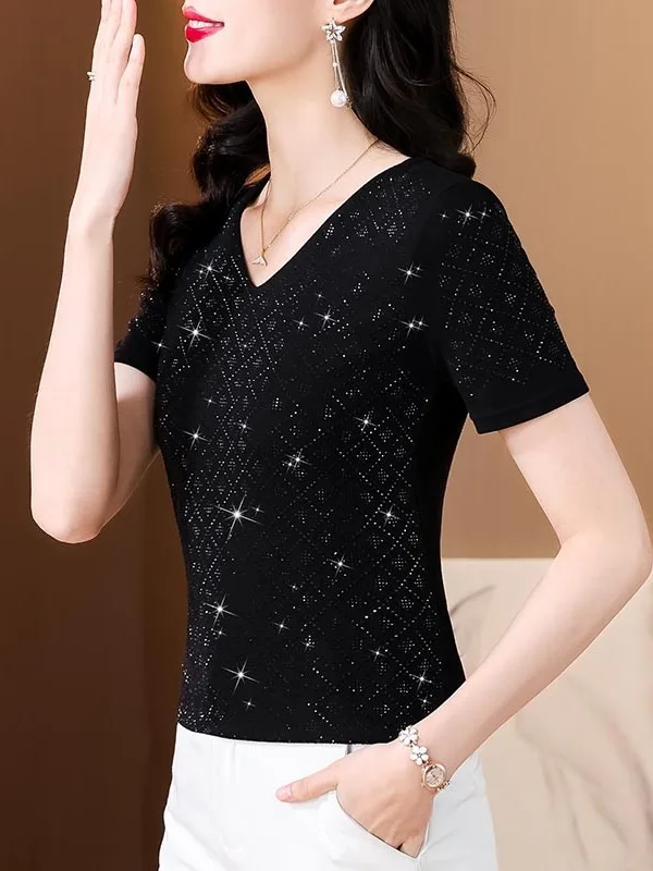 Slim Fit Pure Cotton Short Sleeve T-Shirt Women's Fashion Spring Summer New Style V-Neck Body Shape Enhancing Top