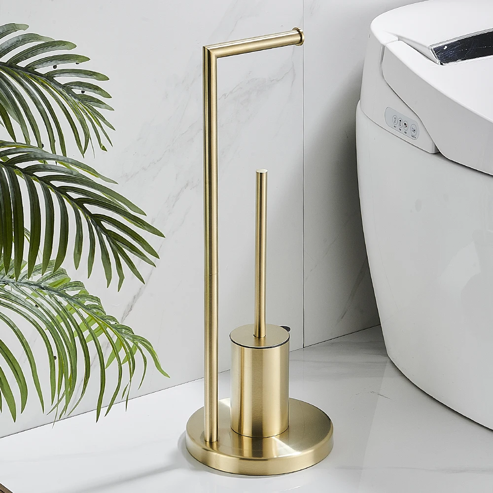 Golden Toilet Brush Holder With Toilet Paper Holder Stainless Steel Cleaning Tools Toilet Brushes Floor Standing WB8709