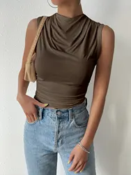 Women's Casual Pleated Design Top Summer Fashion Street Style Solid Color Slim Half High Neck Sleeveless T-Shirt Top