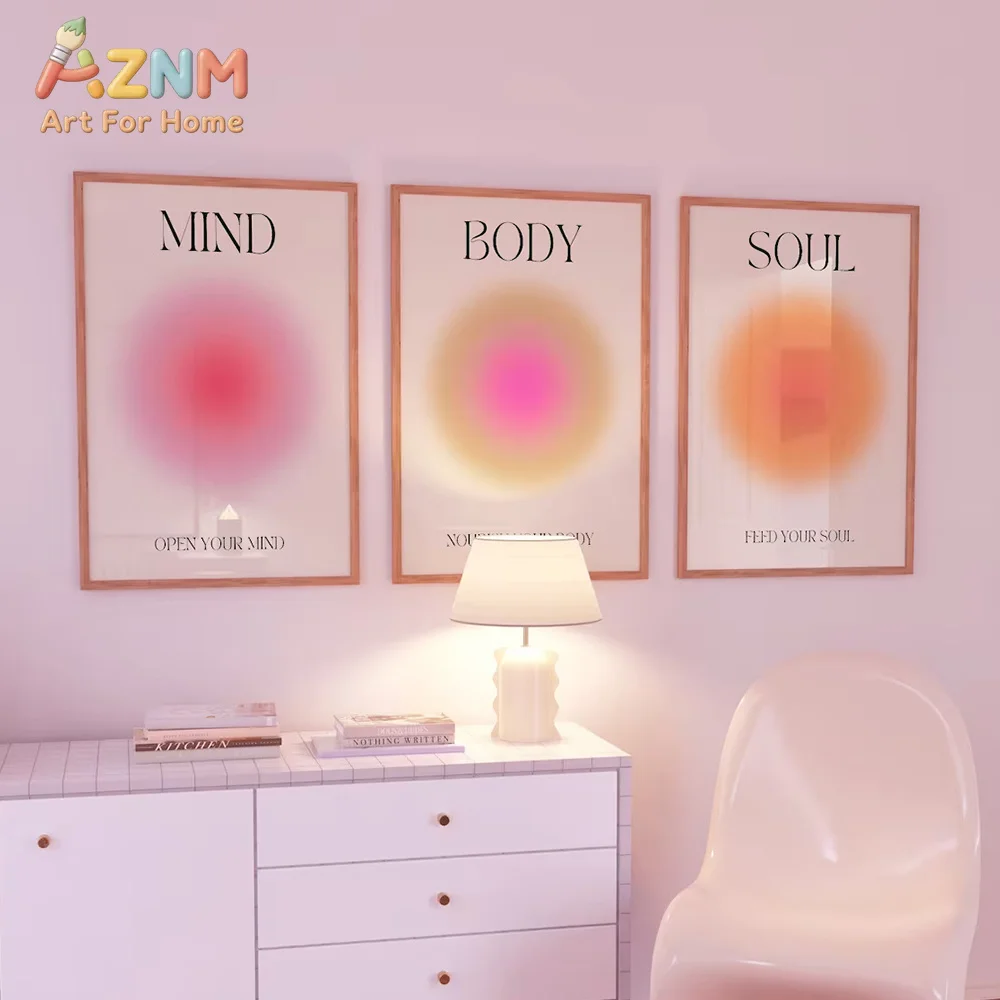 Aura Gradient Wall Art Set of 3, Mind Body Soul Canvas Prints, Spiritual Positive Affirmation Poster, Unframed Living Room Home