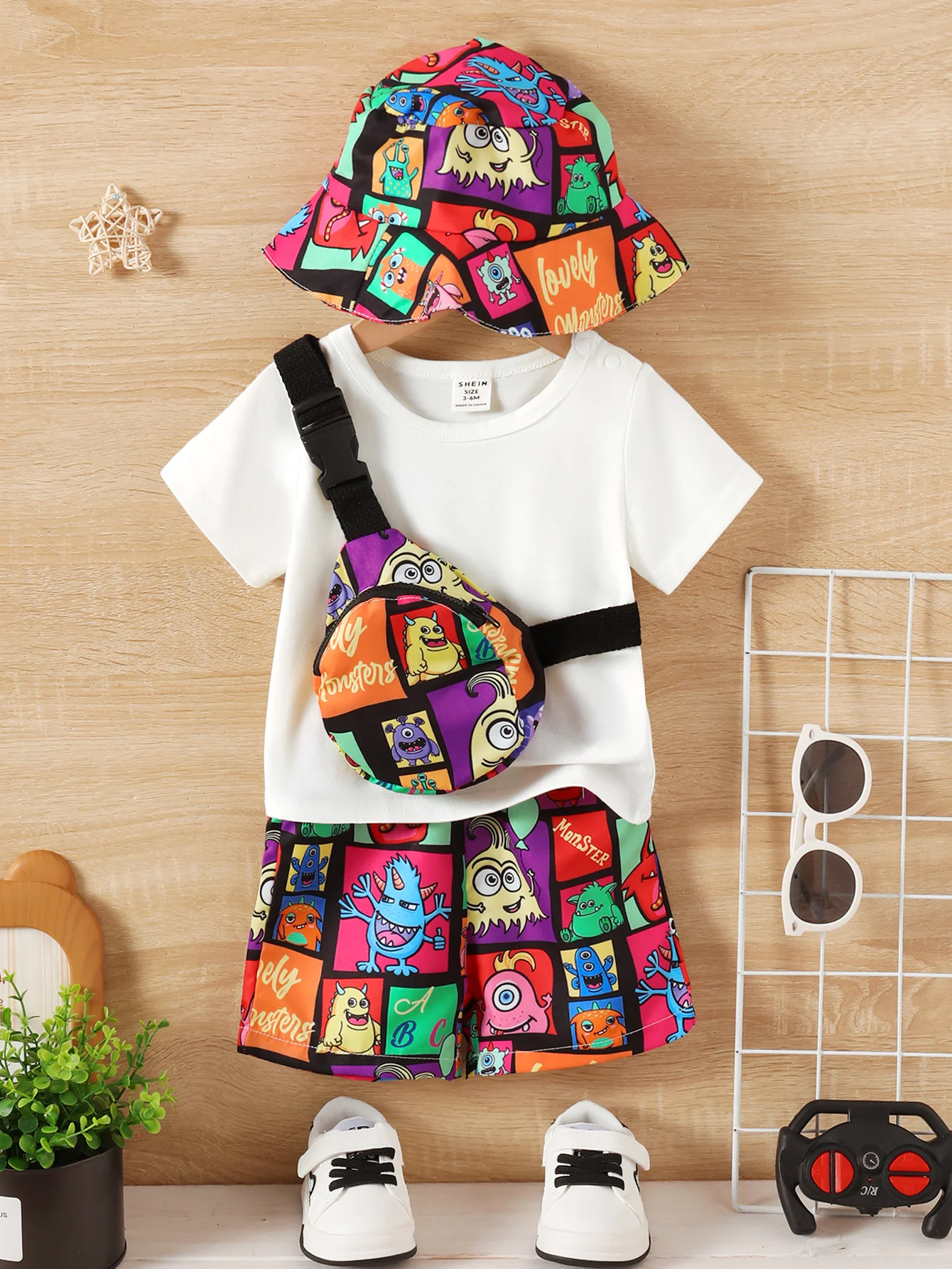 Fashion Summer BabyBoy Handsome Four-Piece Cartoon Little Monster Color Print Hat Crossbody Bag Baggy Pants Simple White T-Shirt