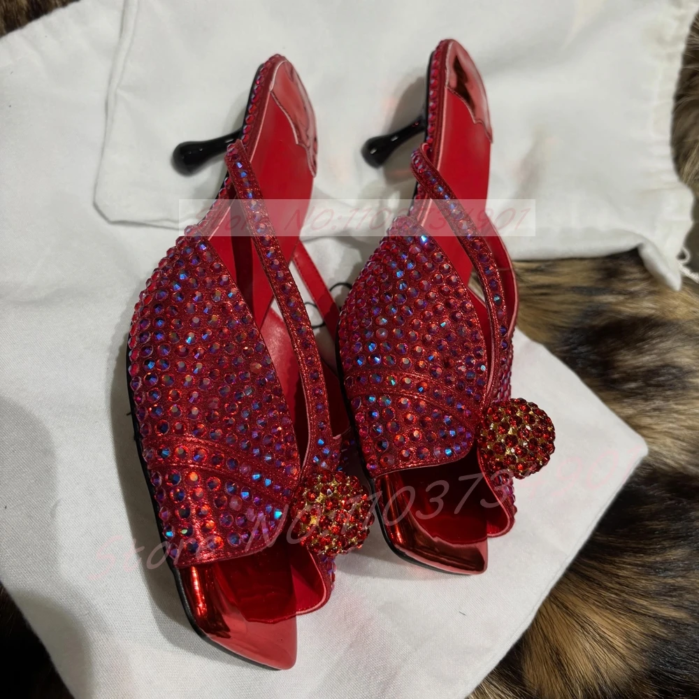 Women's 6CM Heeled Mules Colored Crystals Ball Red Metallic Square Toe Mules Luxury Outside Night Party Dress Shoes