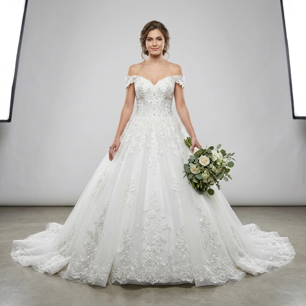 Off Shoulder Sweetheart Lace Ball Gown Wedding Dress Sparkle Beaded Applique Chapel Train Princess Bridal Gown