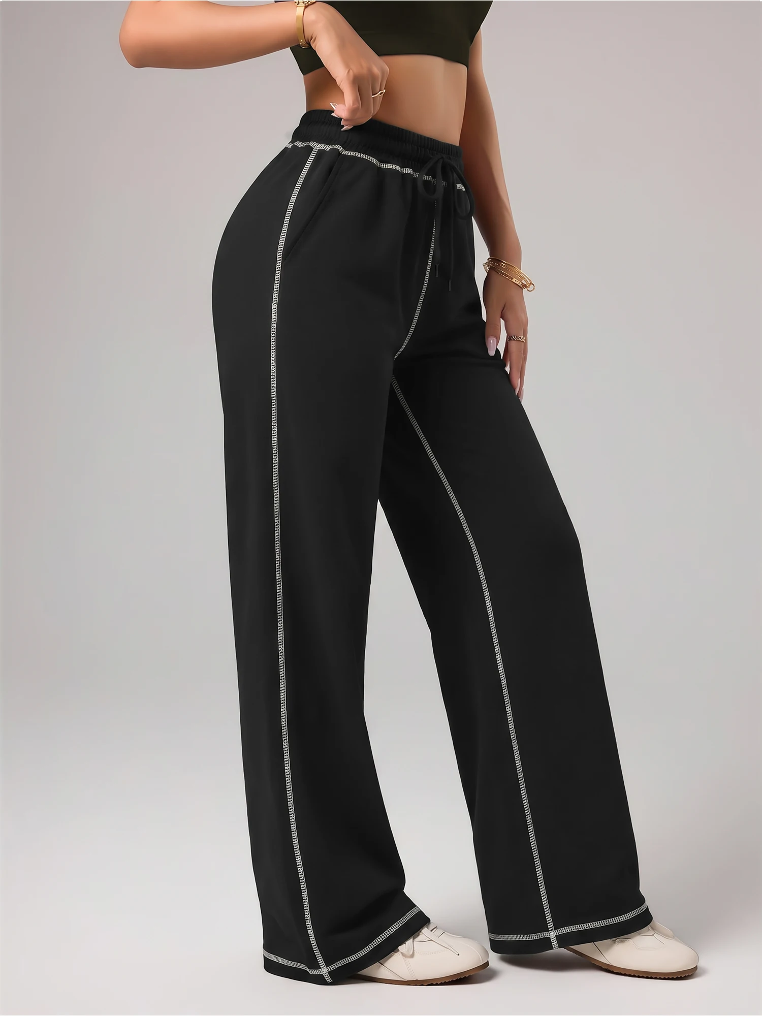 Ladies Solid Color Wide Leg Sweatpants Contrast Seam Design Drawstring Elastic Waist Daily Bottoms