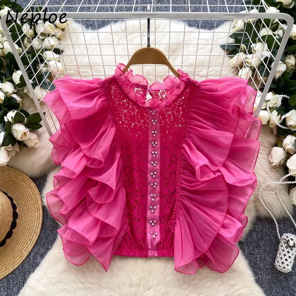 

Neploe Office Lady Loose Luxury French Style Blouses Celebrity Advanced Sleeveless Summer Shirt Hollow Out Crochet Ruffles Tops