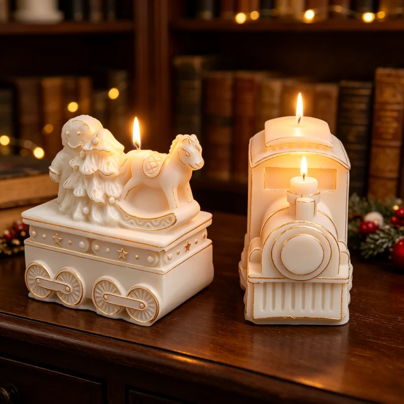 3D-Weihnachtszug-Silikon-Kerzenform, 4 Stile Lebkuchenmann, Bär, Haus, Lokomotive, Schlitten, Wachsform für DIY-Seife und Gips – Detail 7